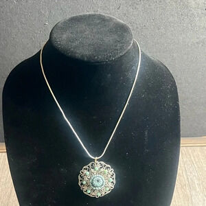 Silver Chain A Vintage Silver Turquoise Stones  Lotus Flower Pendent Necklace